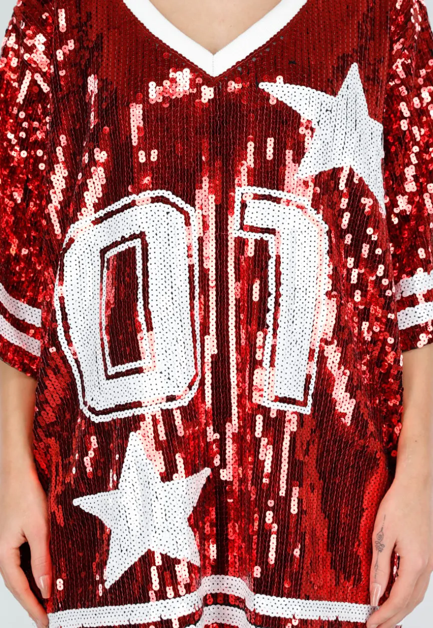 Rode Oversized Pailletten Jersey Top met V Hals
