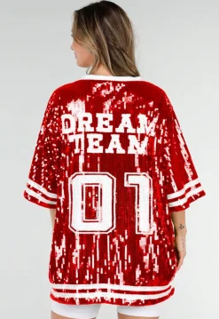 Rode Oversized Pailletten Jersey Top met V Hals