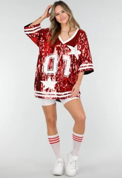 Rode Oversized Pailletten Jersey Top met V Hals