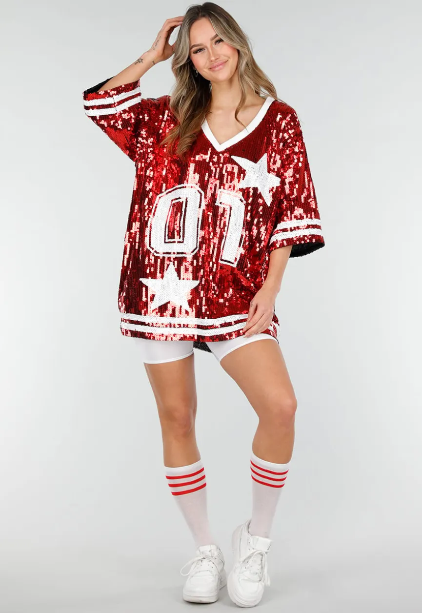 Rode Oversized Pailletten Jersey Top met V Hals