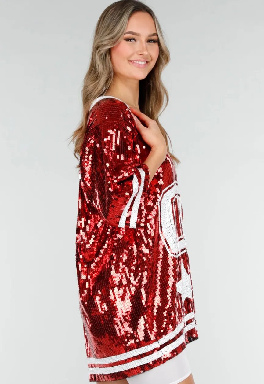 Rode Oversized Pailletten Jersey Top met V Hals