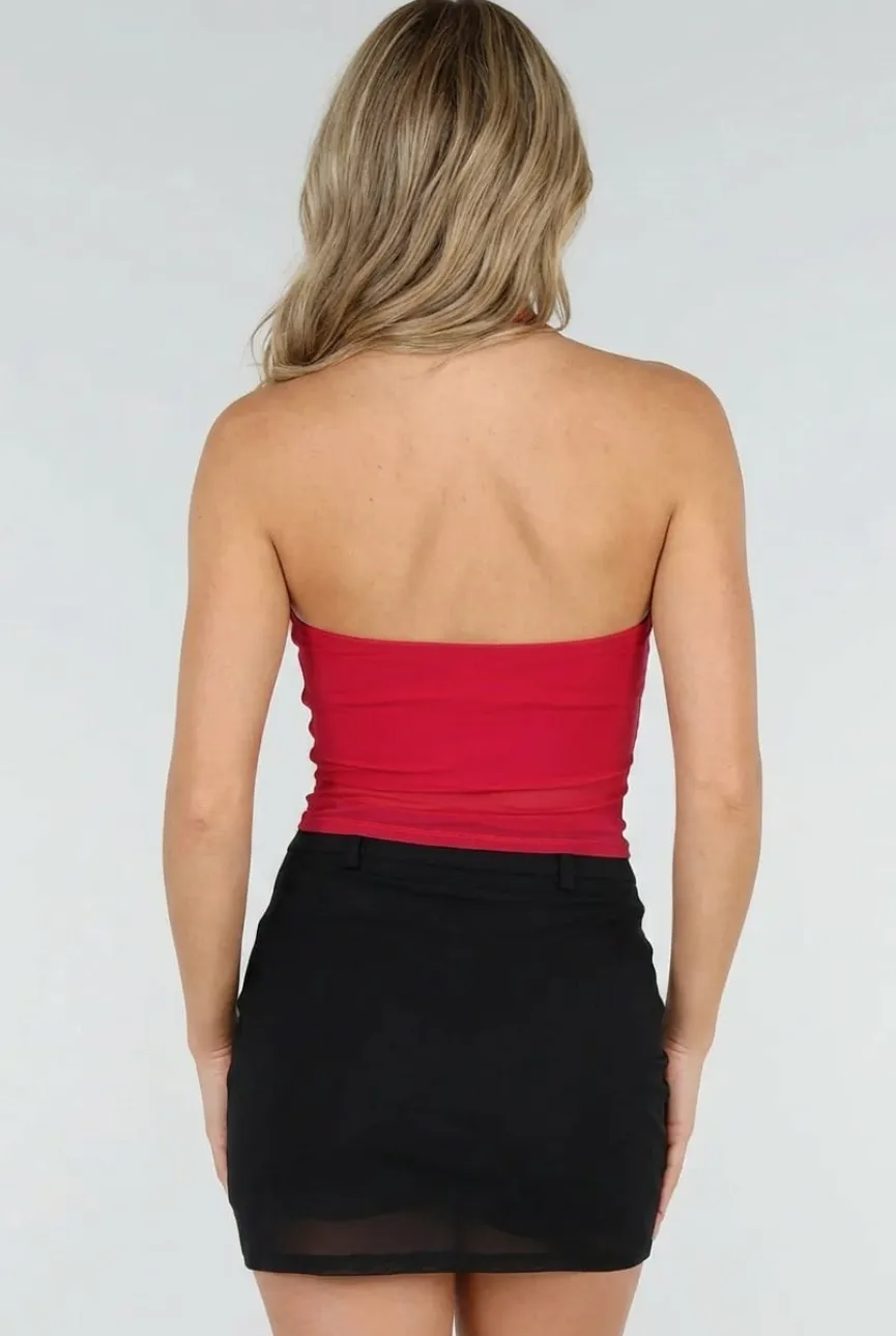 Rode Padded Halter Top met Mesh Detail Ruches en Stretch