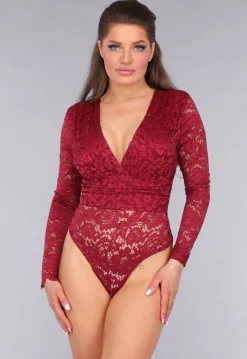 Rode Padded Lace Bodysuit met Lange Mouwen
