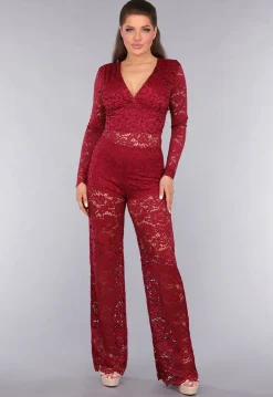 Rode Padded Lace Bodysuit met Lange Mouwen