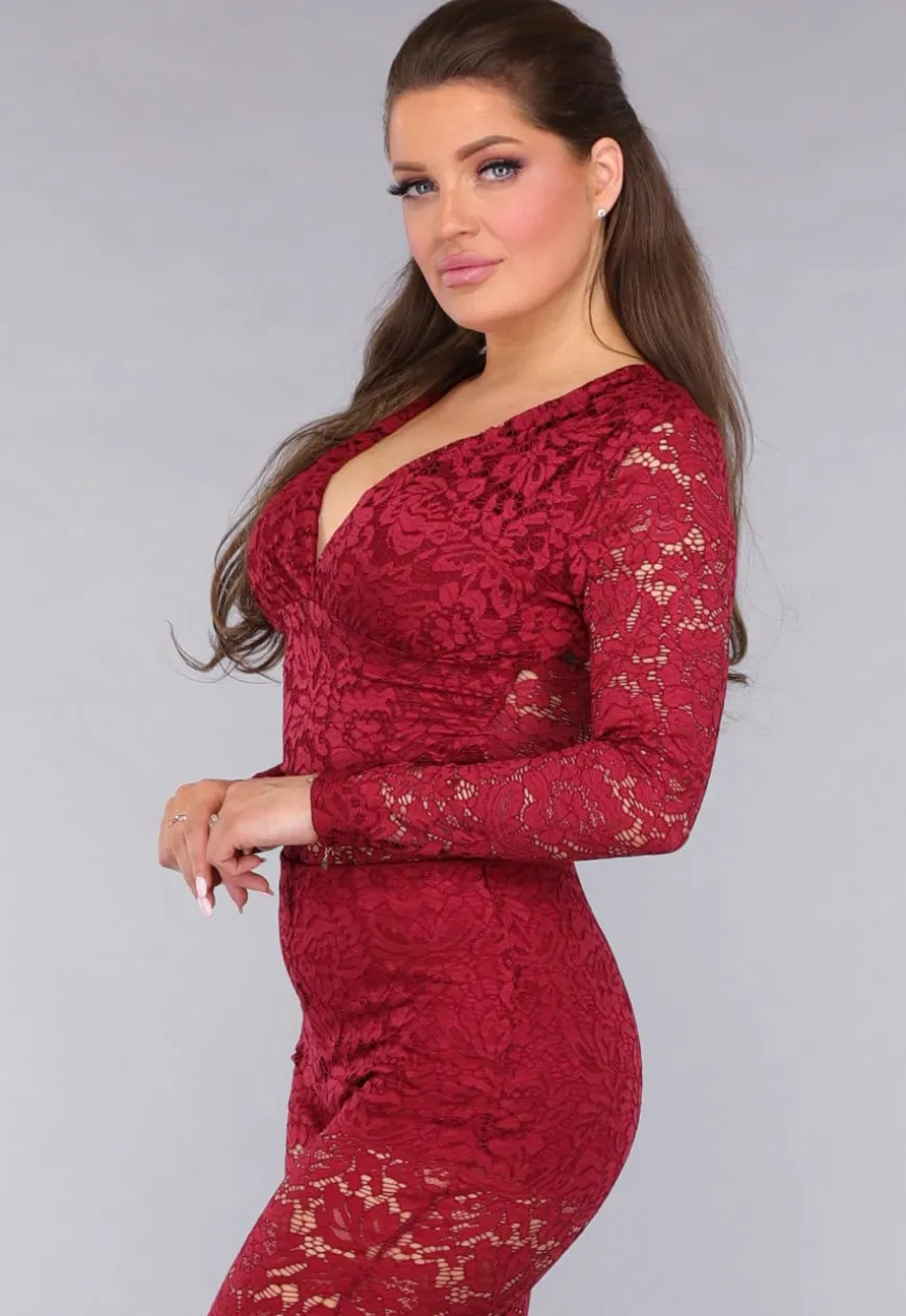 Rode Padded Lace Bodysuit met Lange Mouwen