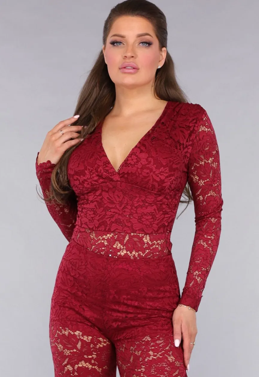 Rode Padded Lace Bodysuit met Lange Mouwen