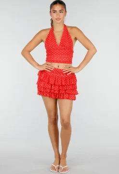 Rode Polkadot Halter Top met Ruffle Skort Set