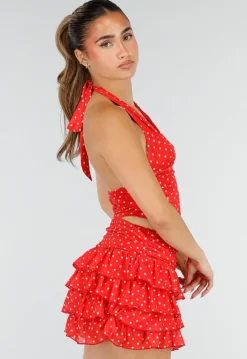 Rode Polkadot Halter Top met Ruffle Skort Set