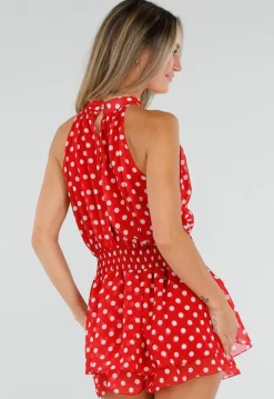 Rode Polkadot Playsuit met Halterhals en Volant