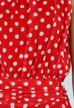 Rode Polkadot Playsuit met Halterhals en Volant