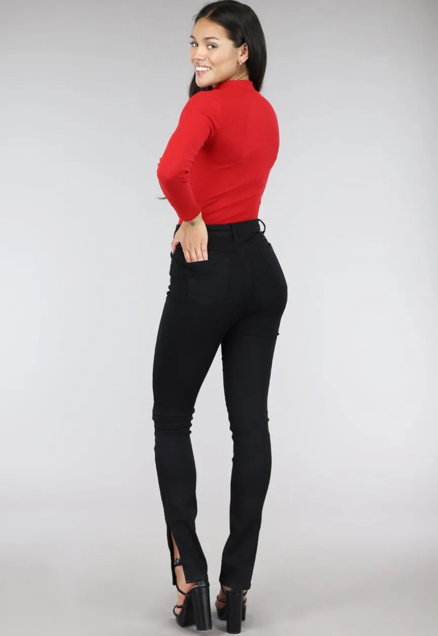 Rode Rib Bodysuit met Uitsnede