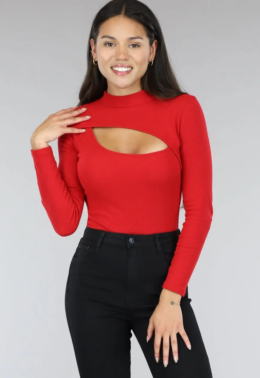 Rode Rib Bodysuit met Uitsnede