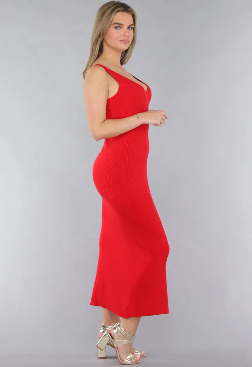 Rode Rib Gebreide Jurk met V Hals