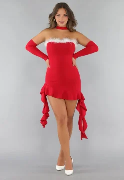 Rode Ribstof Ruffle Kerst Jurk