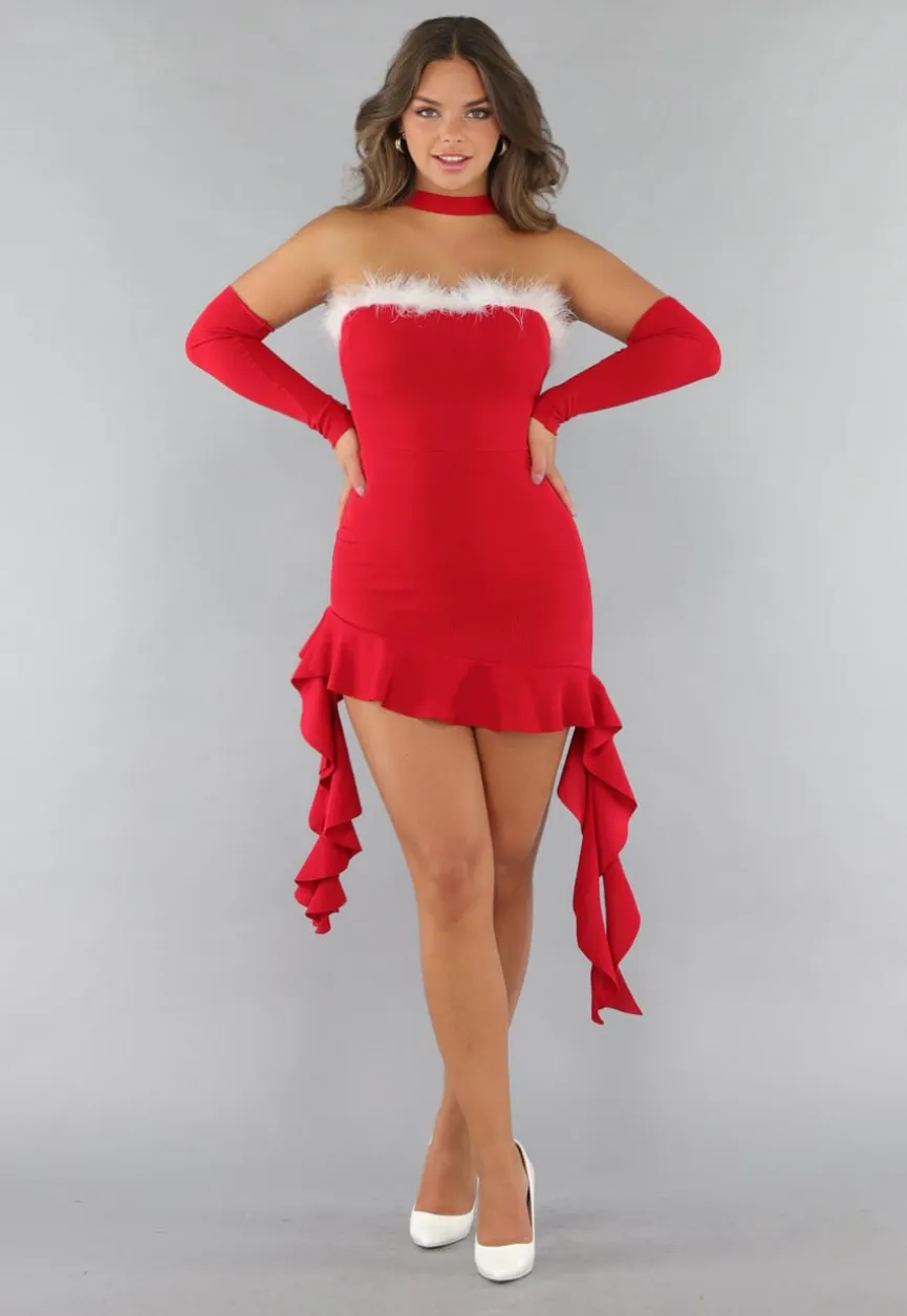 Rode Ribstof Ruffle Kerst Jurk
