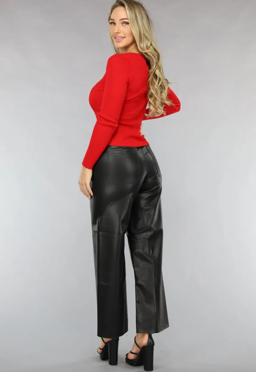 Rode Ribstof Top met Korset Look en Sweetheart Halslijn