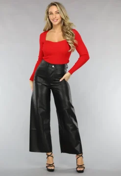 Rode Ribstof Top met Korset Look en Sweetheart Halslijn