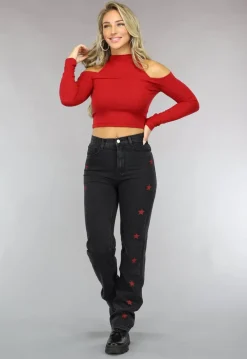 Rode Ribstof Top met Off Shoulder Detail