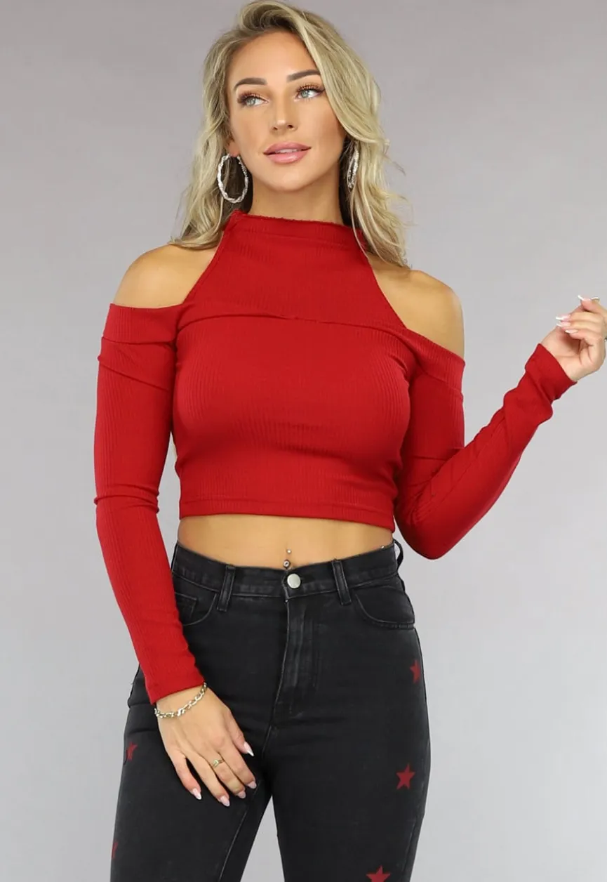 Rode Ribstof Top met Off Shoulder Detail