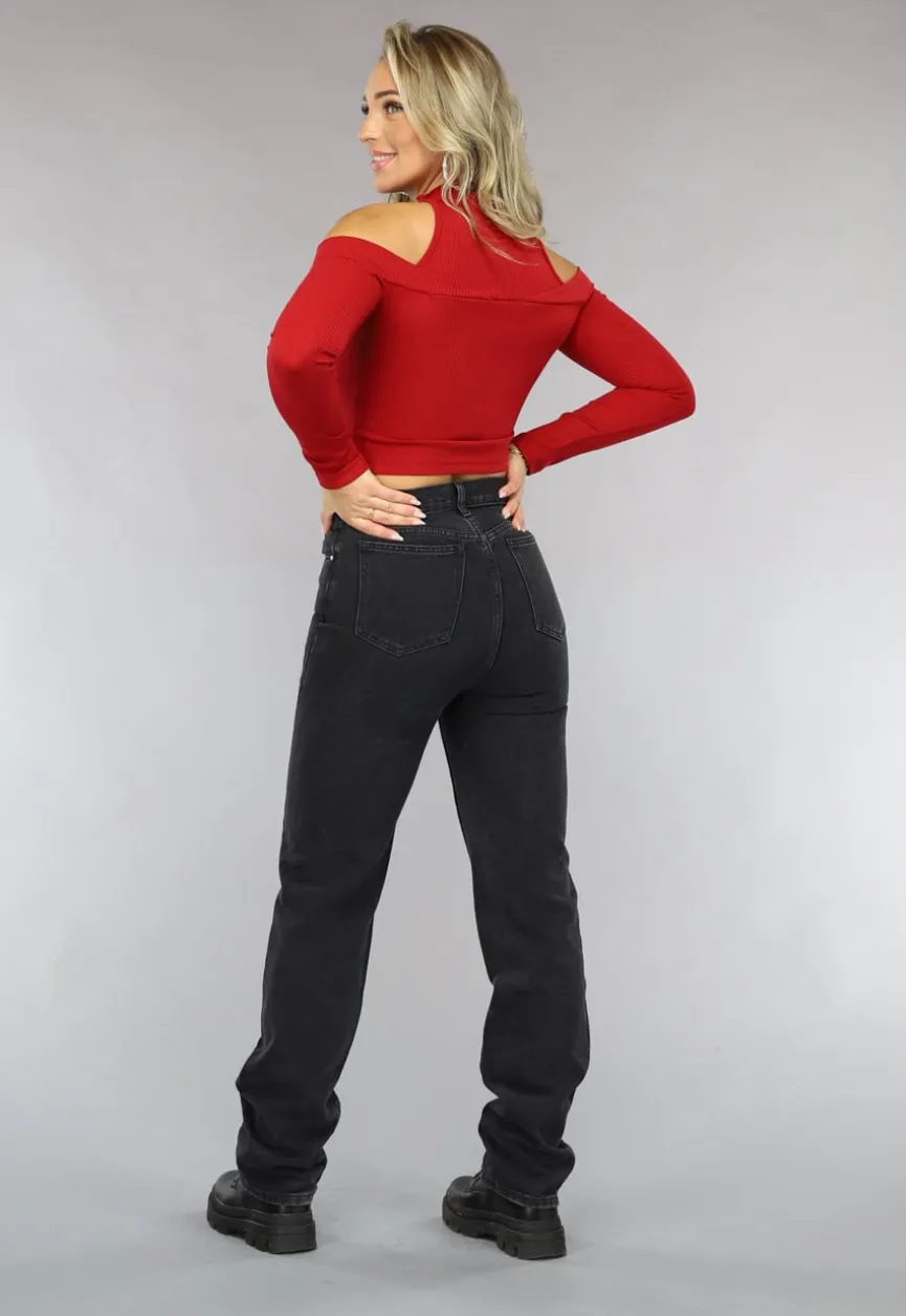 Rode Ribstof Top met Off Shoulder Detail