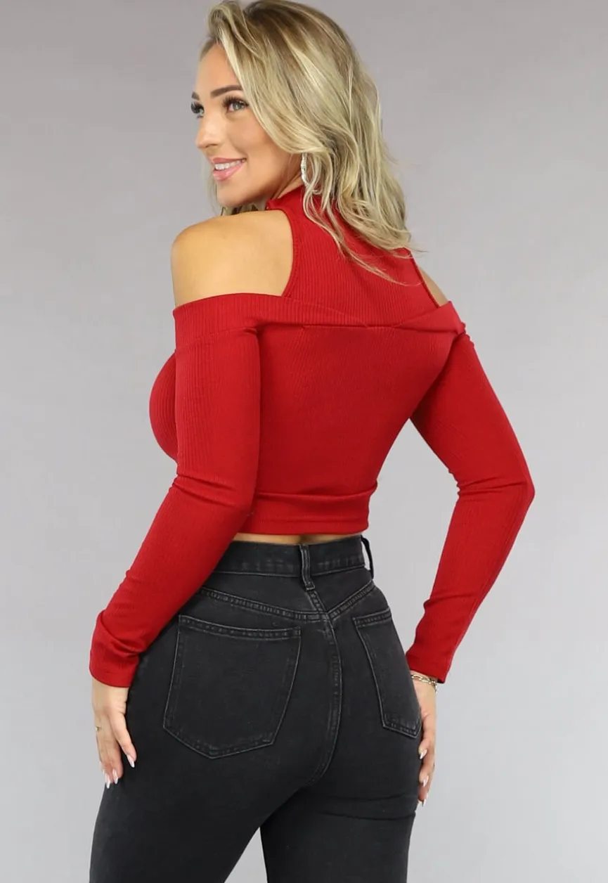 Rode Ribstof Top met Off Shoulder Detail