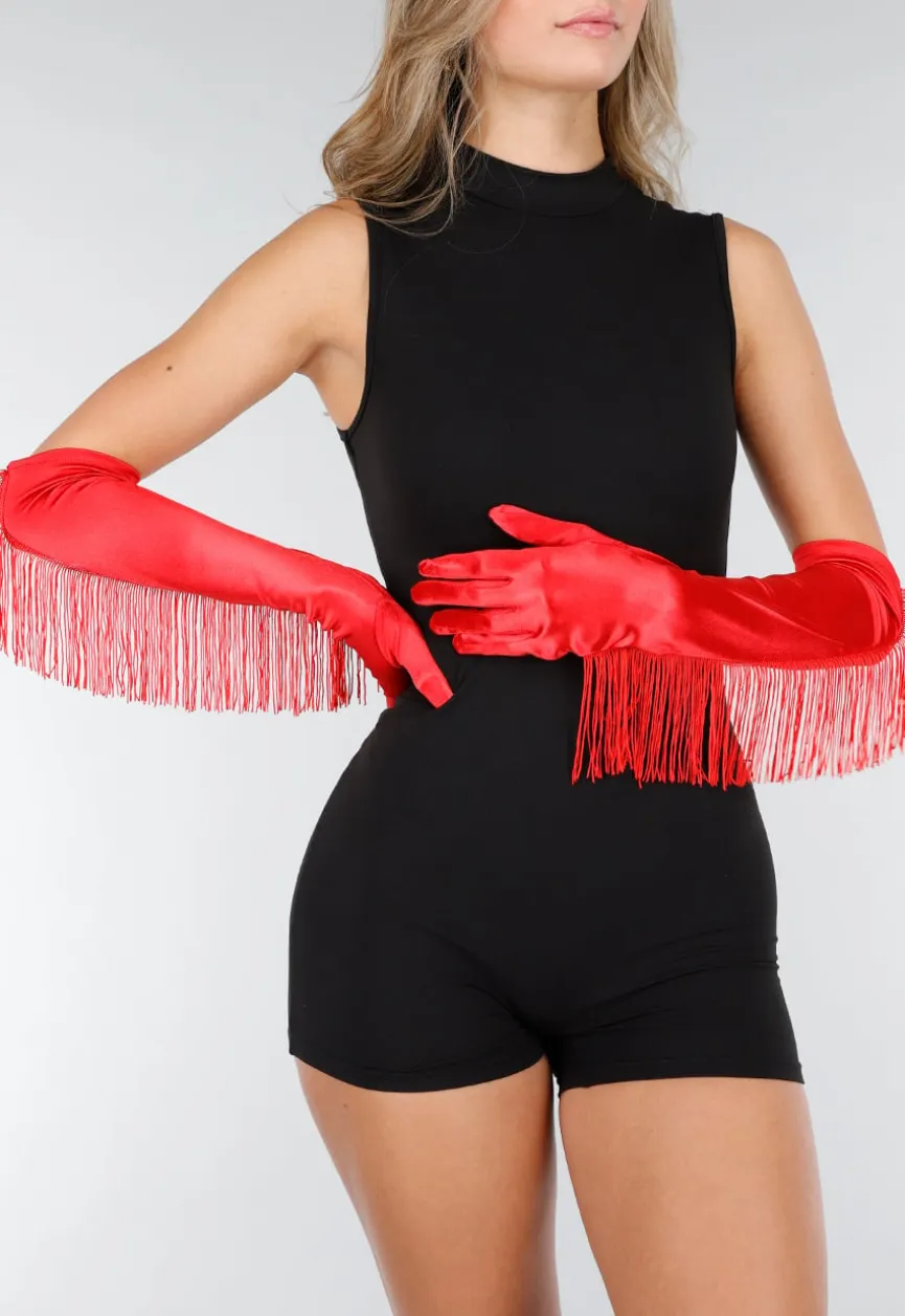 Rode Satijnen Opera Handschoenen met Franjes en Glanzende Afwerking