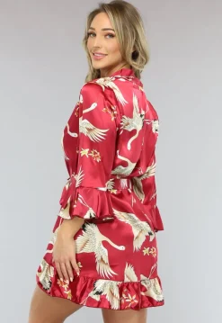 Rode Satin Kimono met Ruches en Print