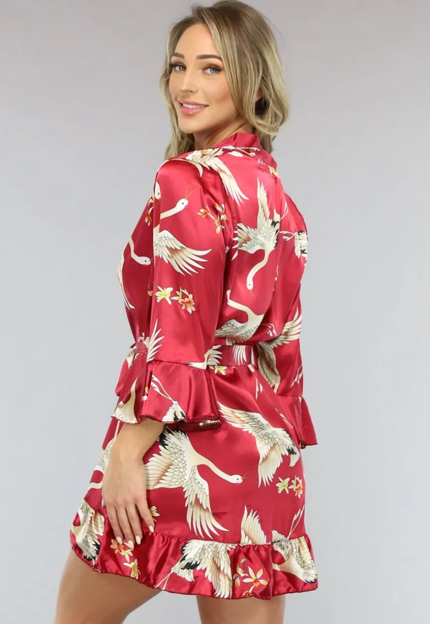 Rode Satin Kimono met Ruches en Print