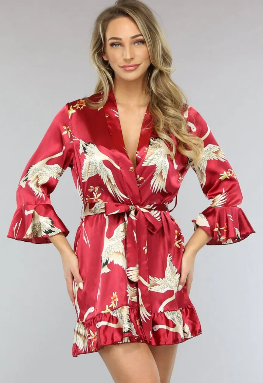 Rode Satin Kimono met Ruches en Print
