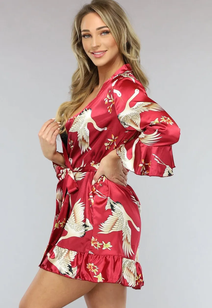 Rode Satin Kimono met Ruches en Print