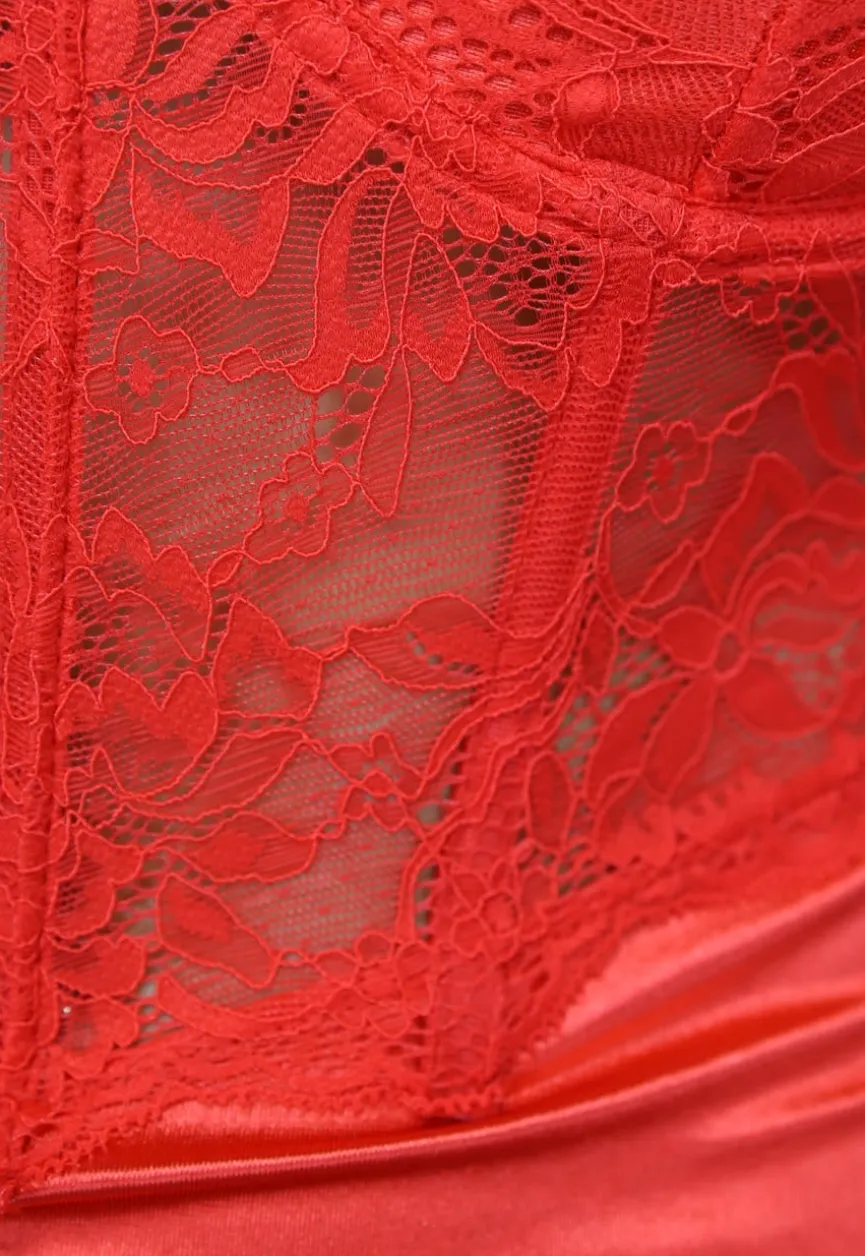 Rode Satin Korset Jurk met Kanten Detail en Beugels