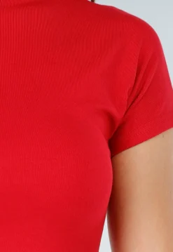 Rode Stretch Top met Col en Korte Mouwen