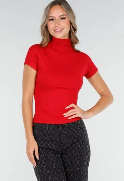 Rode Stretch Top met Col en Korte Mouwen