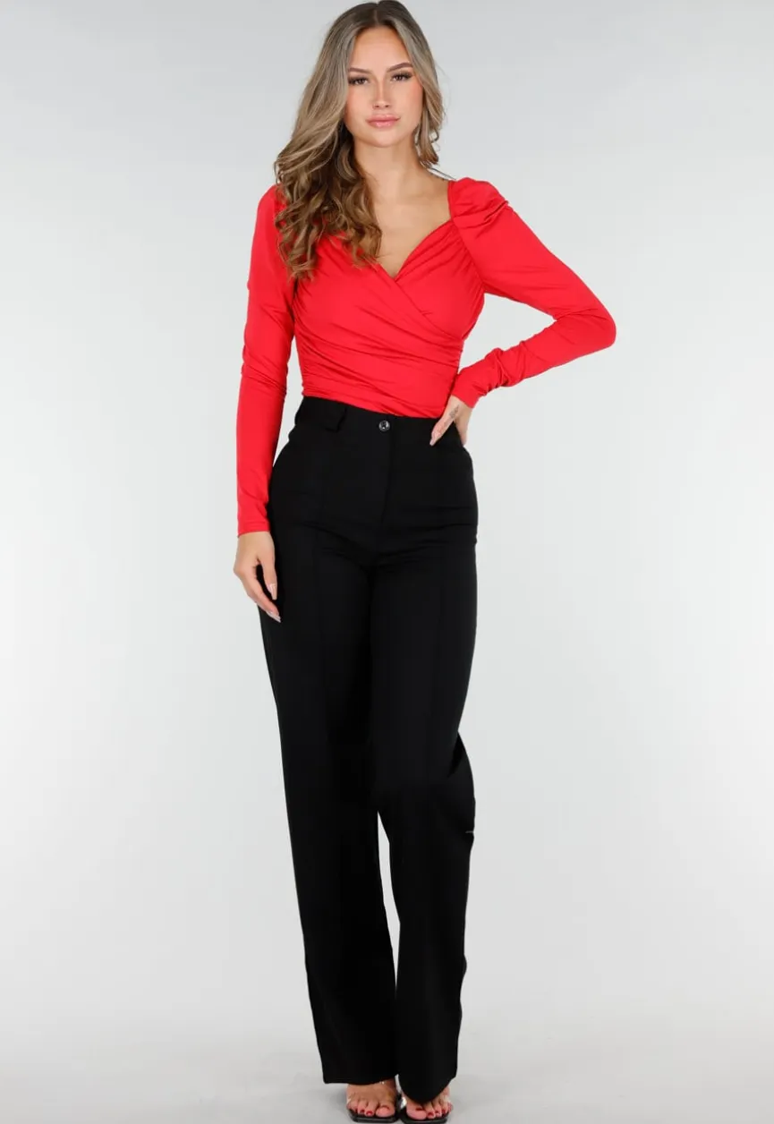 Rode Stretch Top met Overslag en Plooien