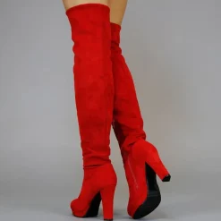 Rode Suède-Look Overknee Laarzen met Hak