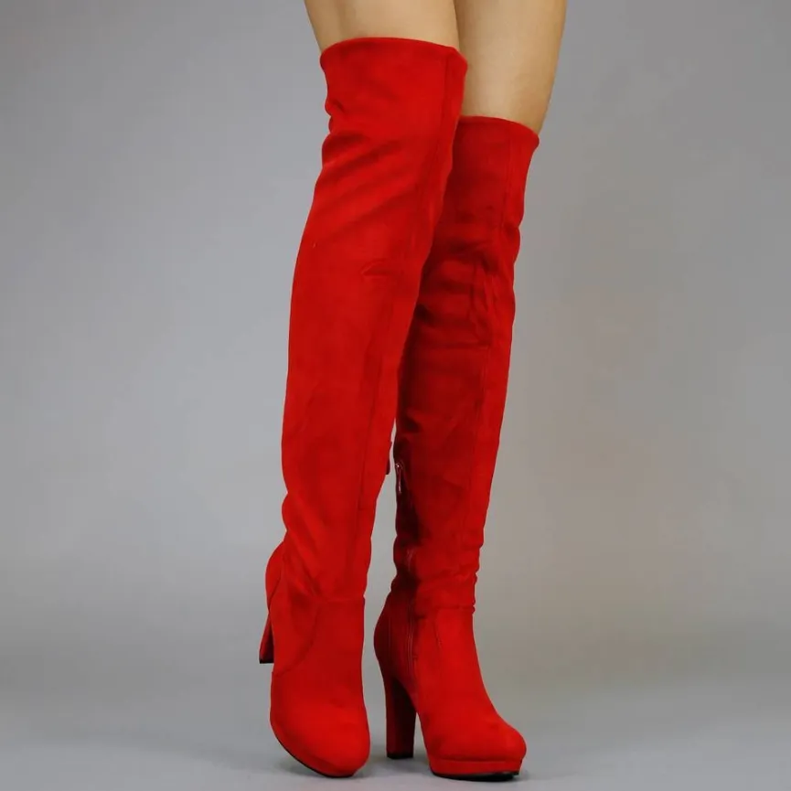 Rode Suède-Look Overknee Laarzen met Hak