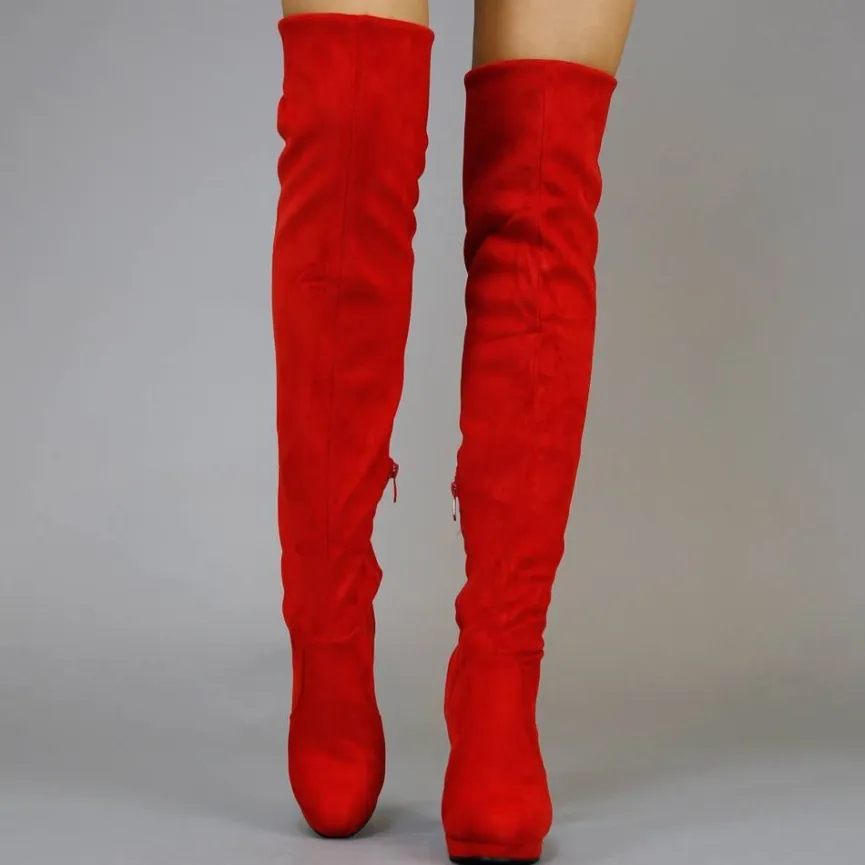 Rode Suède-Look Overknee Laarzen met Hak