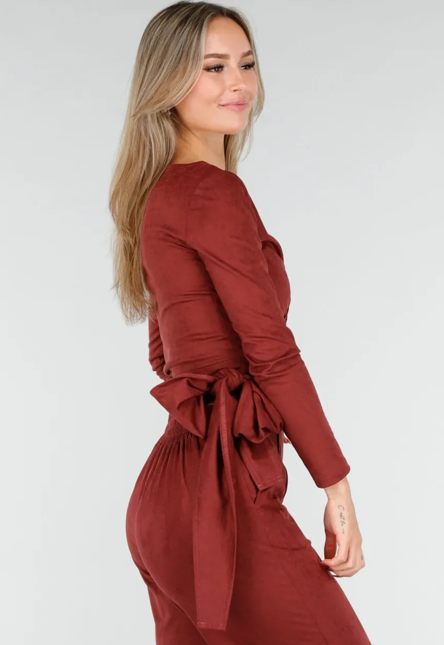Rode Suède Look Wikkel Top met Lange Mouwen en Stretch