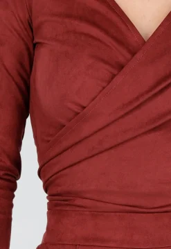 Rode Suède Look Wikkel Top met Lange Mouwen en Stretch