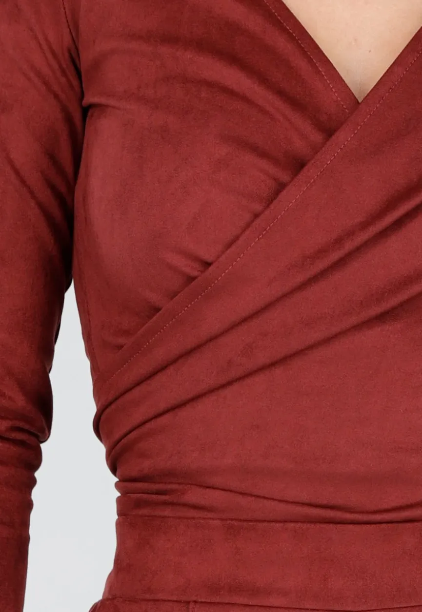 Rode Suède Look Wikkel Top met Lange Mouwen en Stretch