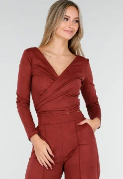 Rode Suède Look Wikkel Top met Lange Mouwen en Stretch