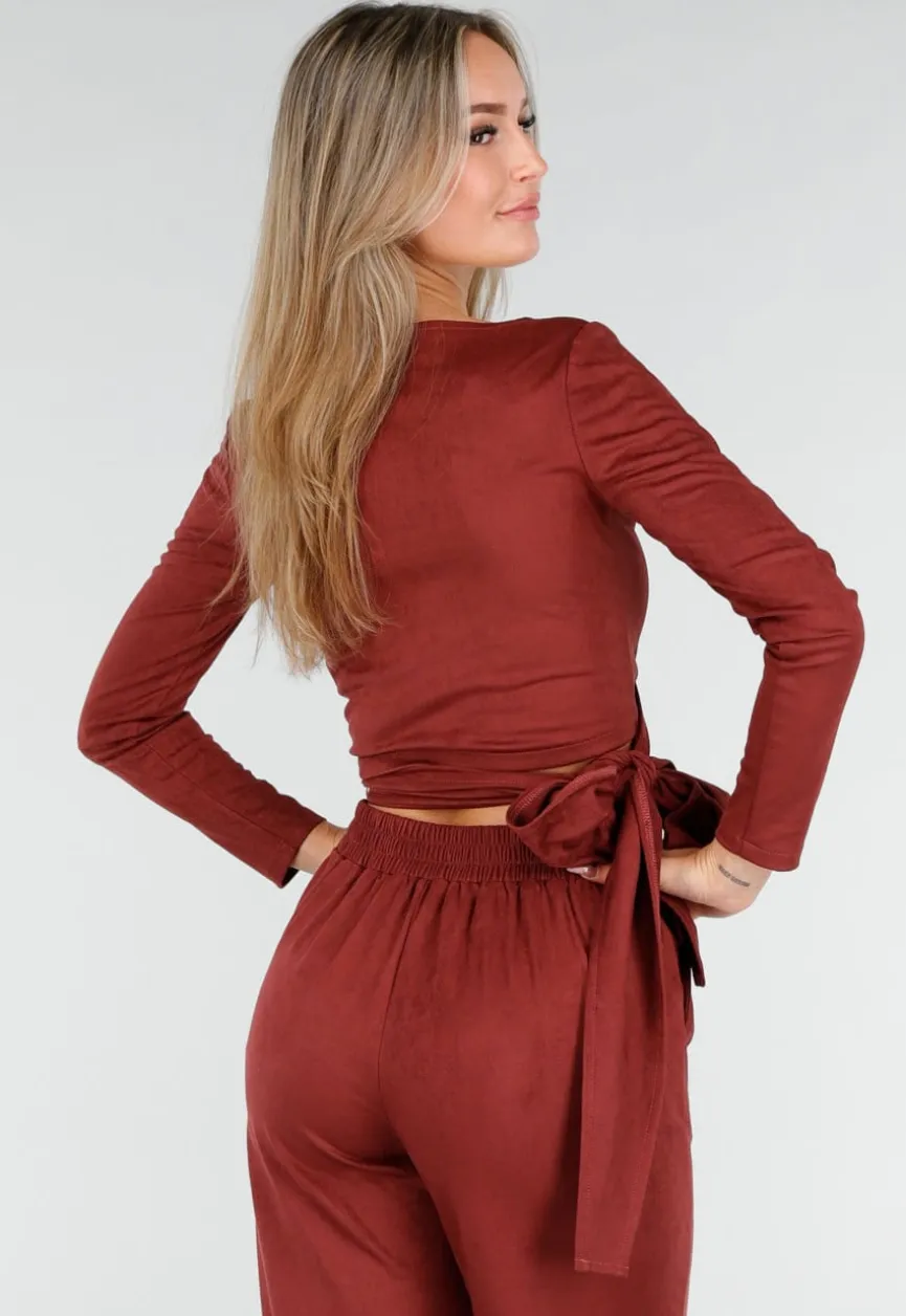 Rode Suède Look Wikkel Top met Lange Mouwen en Stretch