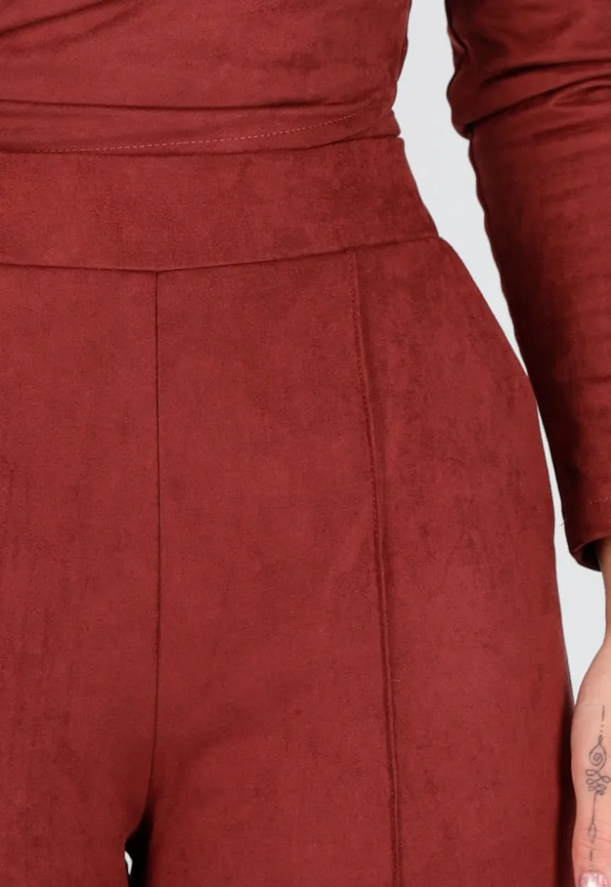 Rode Suede Pantalon met Stretch Taille