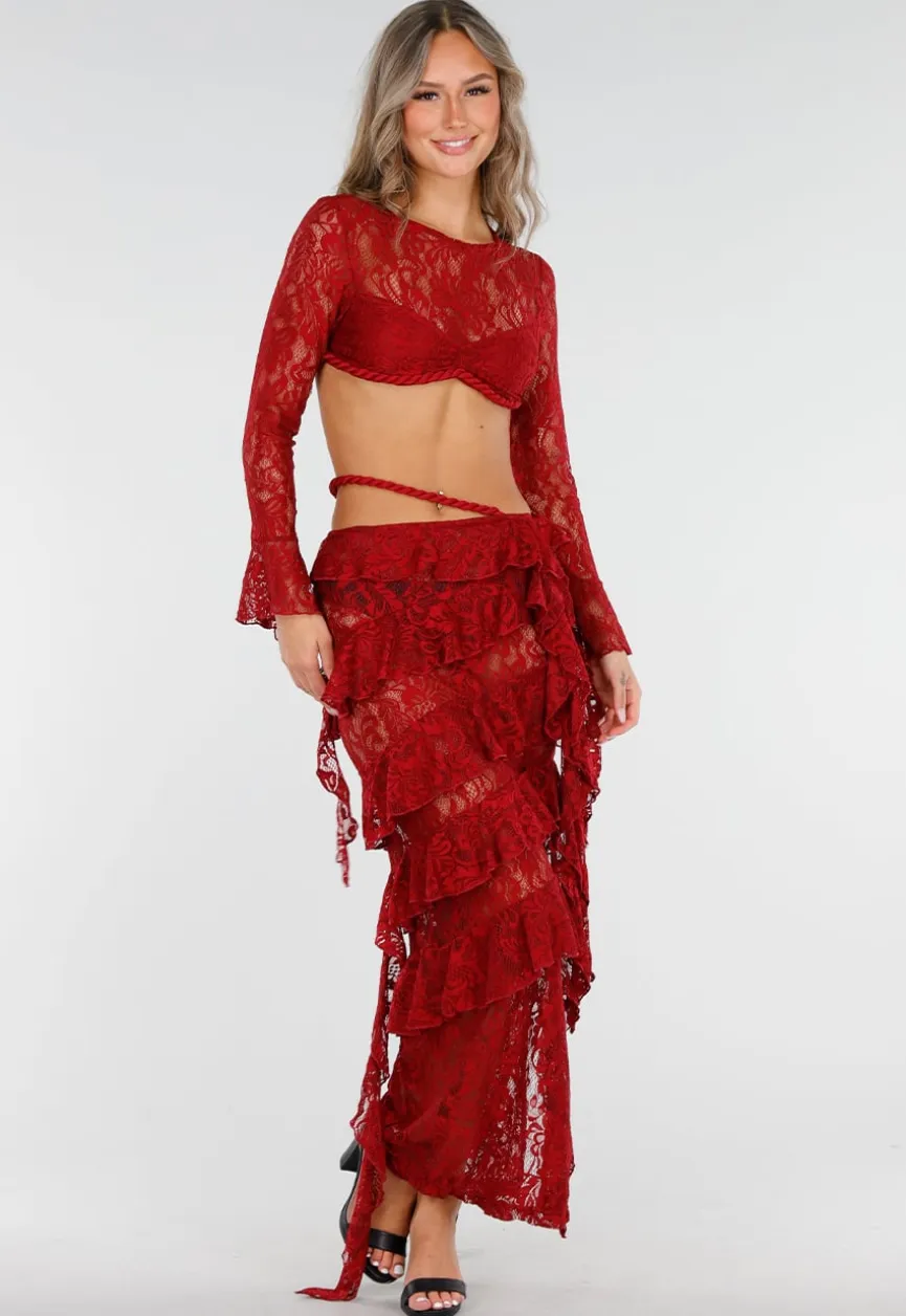 Rode Two Piece Set van Kant met Ruffles en Lange Mouwen