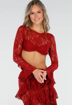 Rode Two Piece Set van Kant met Ruffles en Lange Mouwen
