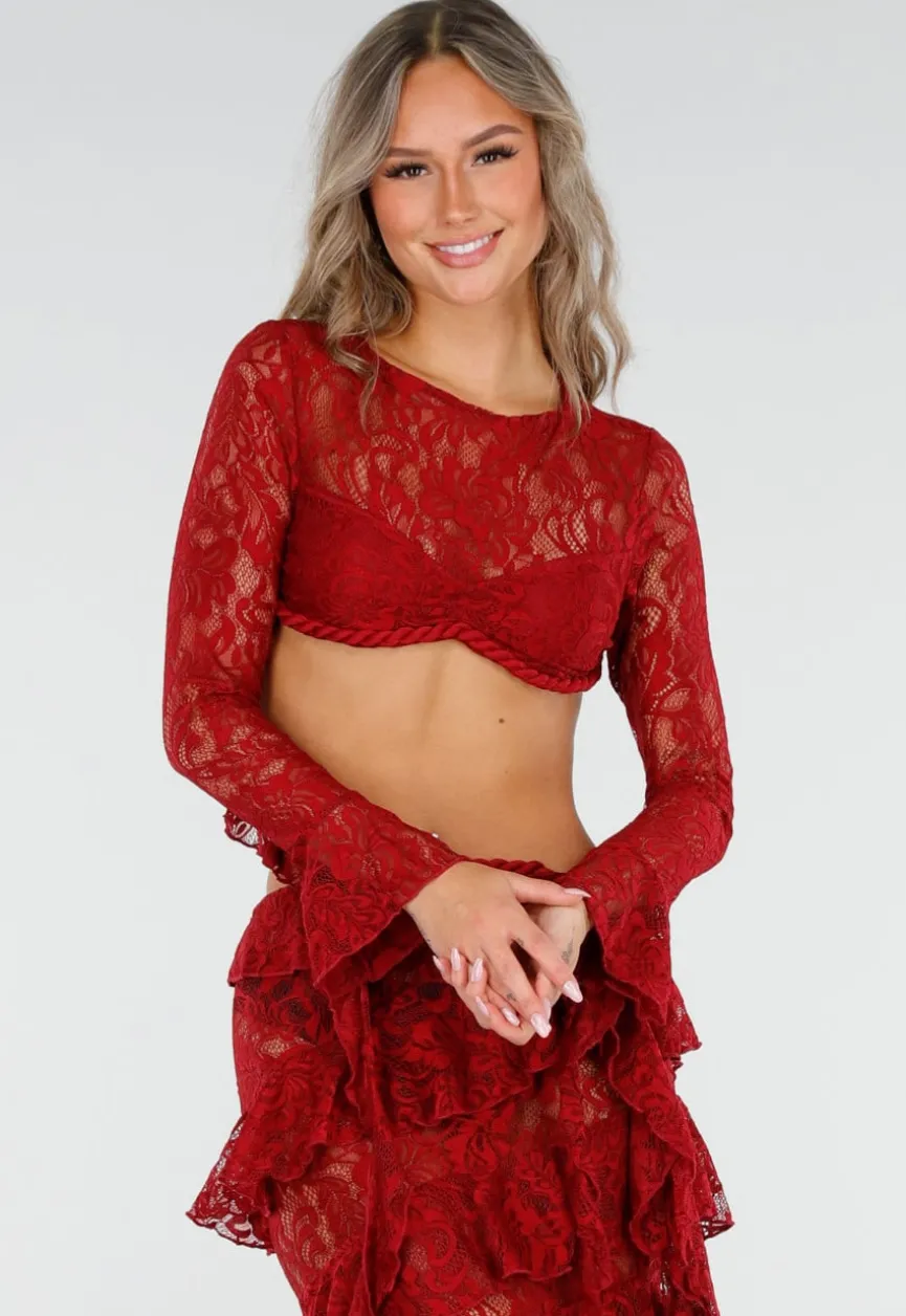Rode Two Piece Set van Kant met Ruffles en Lange Mouwen