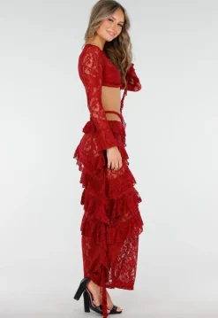 Rode Two Piece Set van Kant met Ruffles en Lange Mouwen