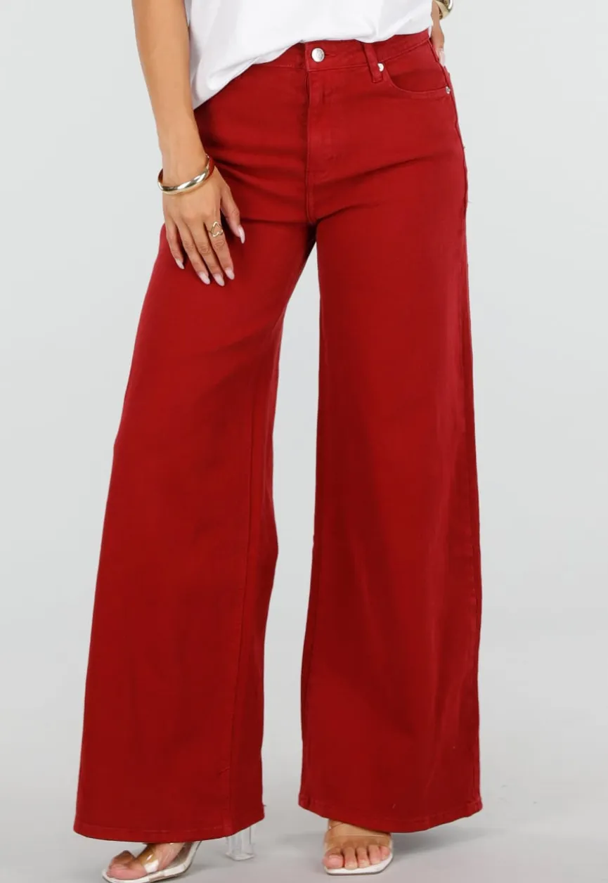 Rode Wide Leg Jeans met Hoge Taille en Lichte Stretch