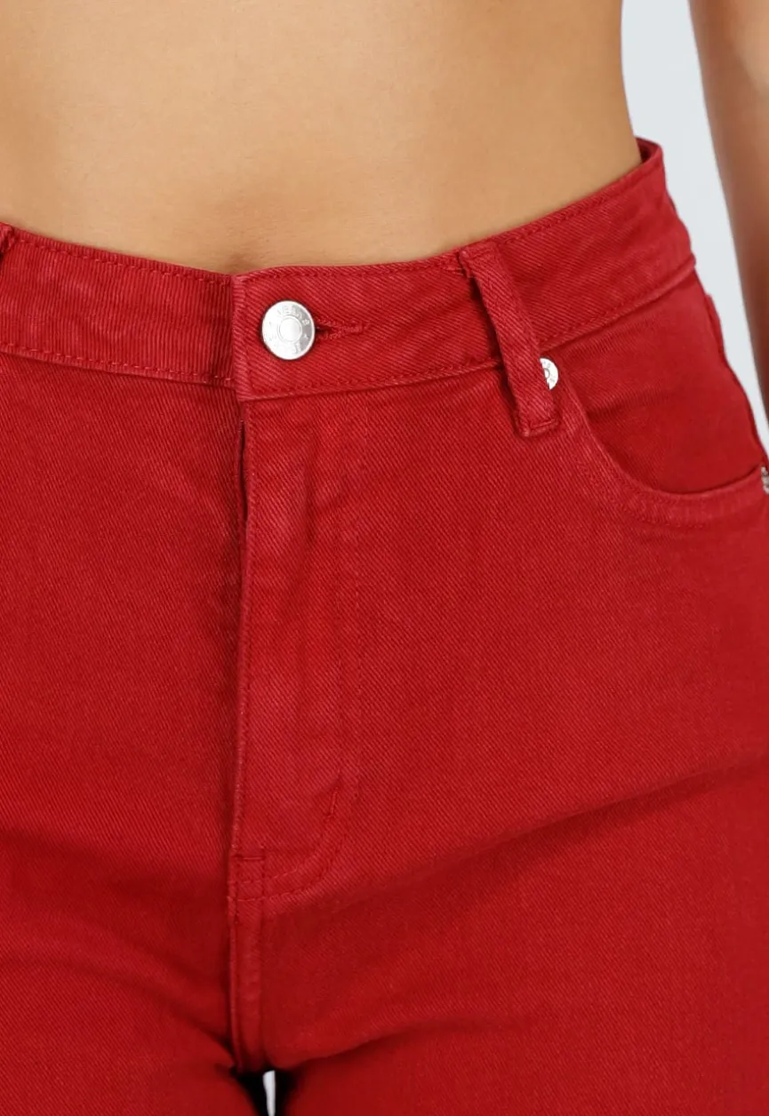 Rode Wide Leg Jeans met Hoge Taille en Lichte Stretch