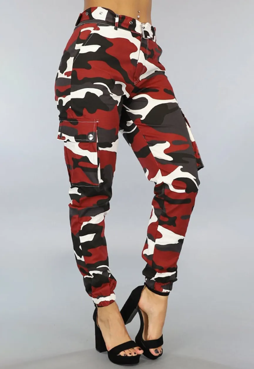 Roestbruine Cargo Broek met Camouflage Print